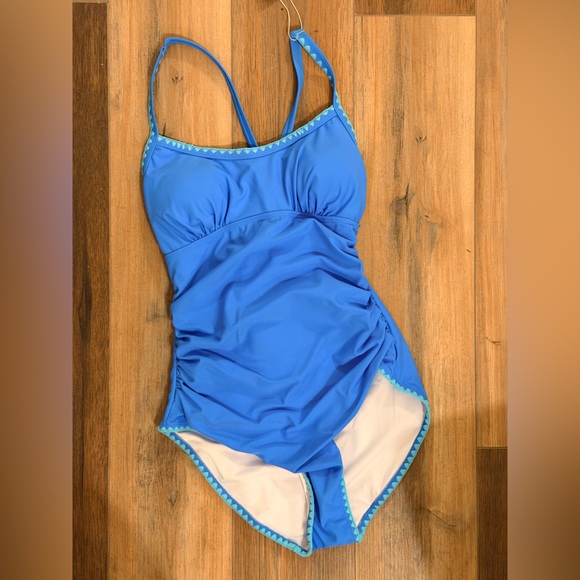 Medium Blue One-Piece Swimsuit With Light Blue Trim by Eomenie Sz Small NWT - Picture 3 of 10